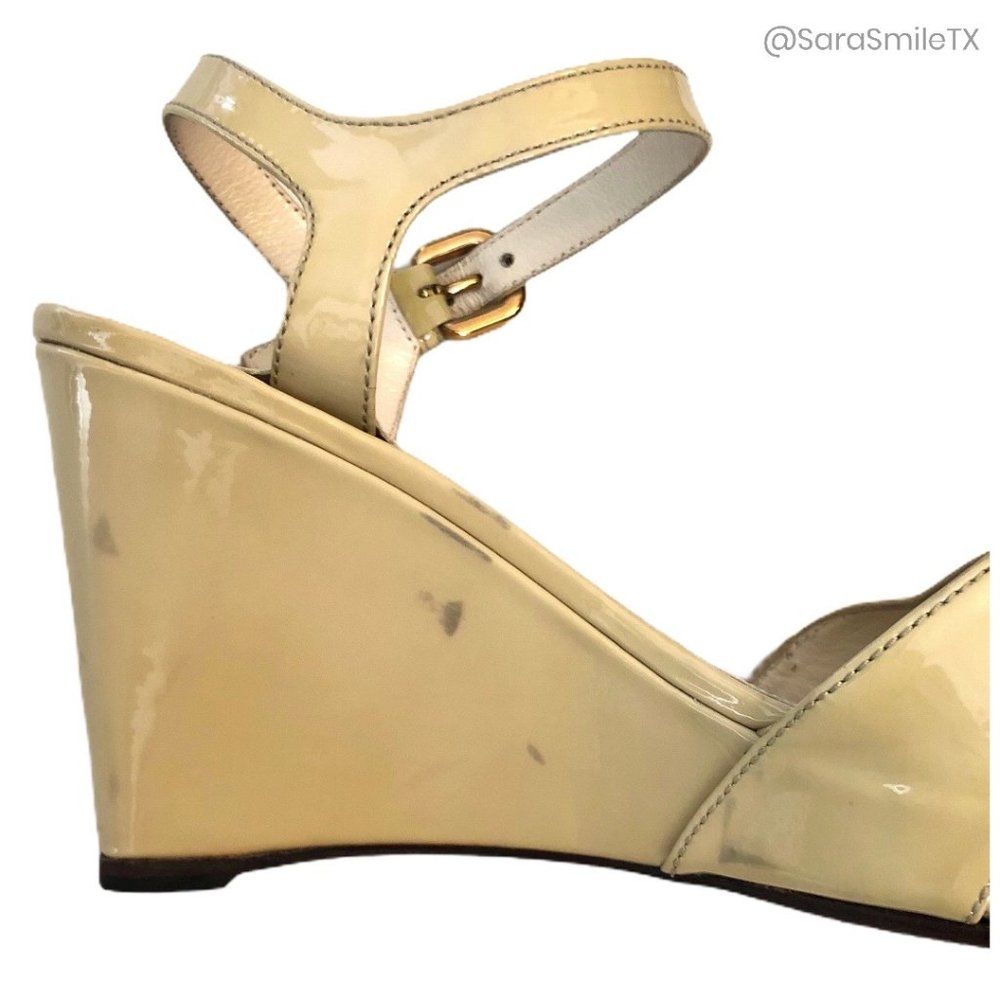 PRADA Nude Designer Patent Leather Wedge Sandals - Picture 9 of 10